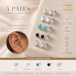 May include: A bundle of 5 pairs of screw flat back stud earrings featuring opal, turquoise, black, and clear cubic zirconia stones. The set includes surgical steel posts with secure screw backs, displayed alongside an ear showing the studs in place.