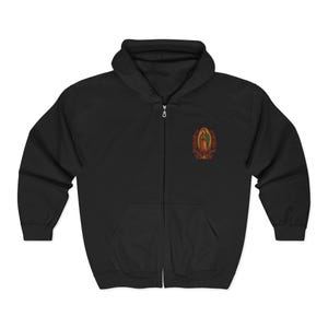 May include: Black zip-up hoodie with a hood and front pockets. The hoodie features a colorful embroidered design on the upper left chest. The design includes an image of the Virgin Mary, surrounded by red roses and text.