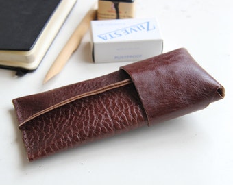 Leather case for pens or glasses - chestnut brown genuine leather