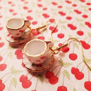 Miniature Porcelain Cherry Teacup And Saucer Earrings
