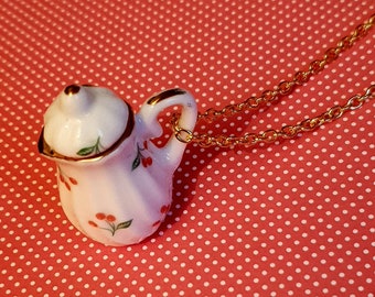 Miniature Porcelain Cherries Coffee Pot Necklace