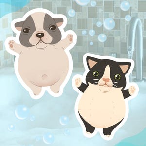 May include: Cartoon illustration of a dog and a cat in a bubbly bath. The dog is light grey and white, the cat is black and white. Both have their arms raised, with bubbles floating around them.