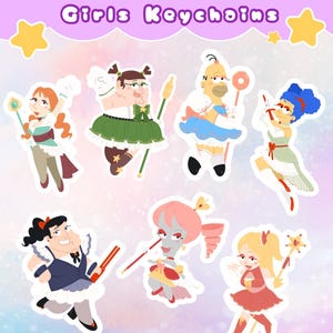 Könnte beinhalten: Eine Sammlung von Cartoon-Charakter-Schlüsselanhängern im Magical-Girl-Stil. Die Schlüsselanhänger zeigen verschiedene Charaktere in farbenfrohen Outfits, die Zauberstäbe und Accessoires halten. Der Text "Magical Adult Cartoon Girls Keychains" steht oben.