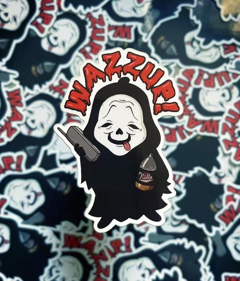 May include: A sticker featuring a black Grim Reaper-like figure with a white mask, holding a phone and a bottle labeled "Kille." The word "WAZZUP!" is written in red above the figure. The background is filled with similar stickers.