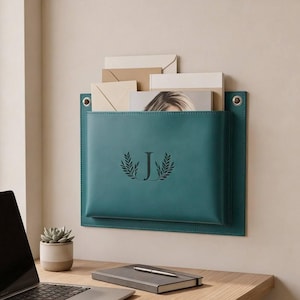 Bolsillo de pared 100% cuero genuino, bolsillo de pared de cuero personalizado, organizador de correo de cuero, revistero de pared, soporte de correo de pared