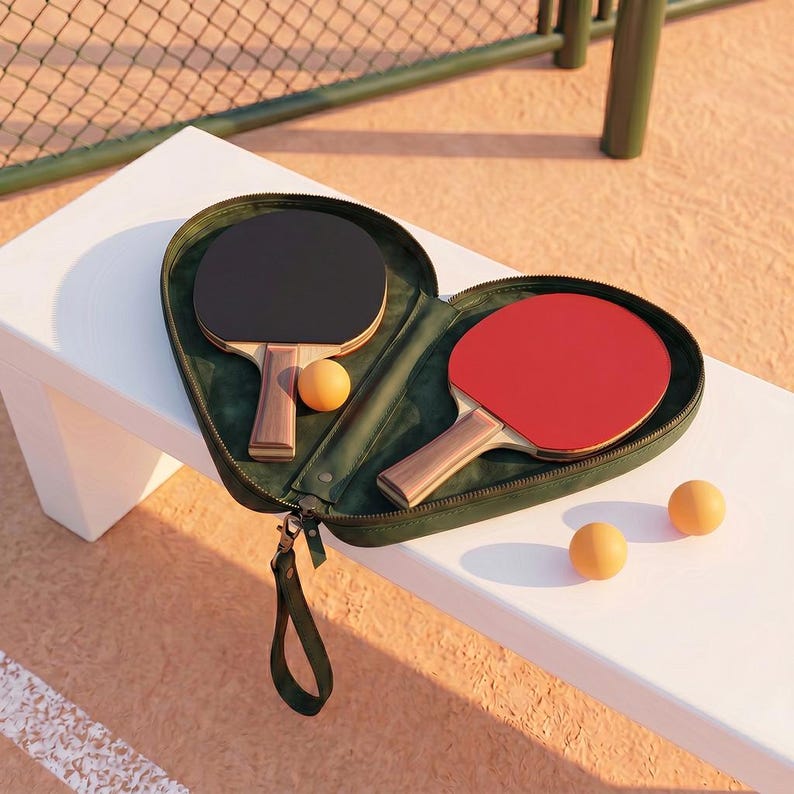 May include: A dark green zippered carrying case containing two table tennis paddles, one with a black rubber surface and one with a red rubber surface, both featuring wooden handles. Three orange table tennis balls are included in the set.