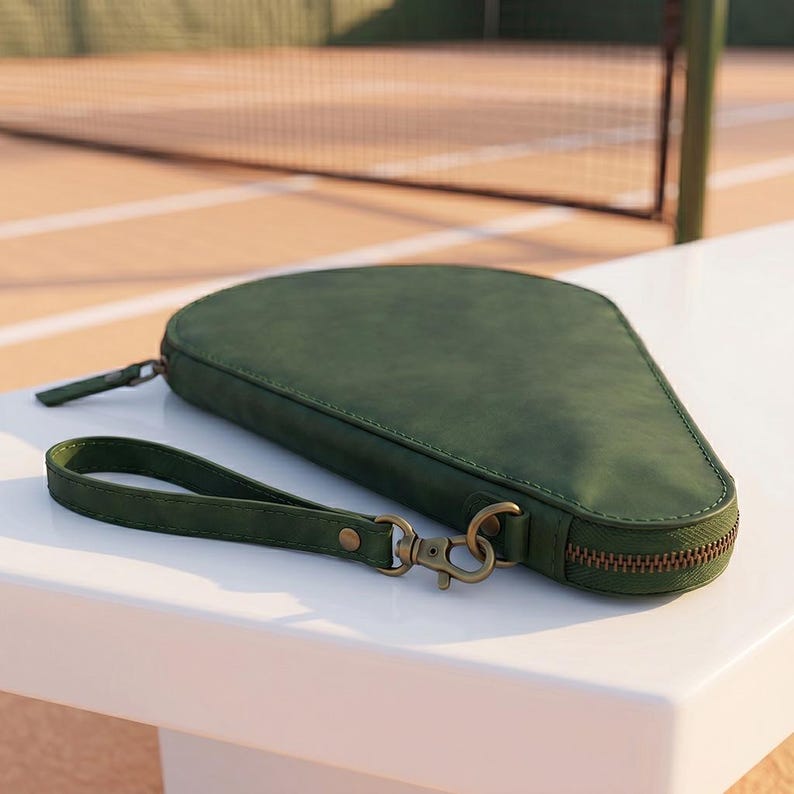 May include: A dark green, teardrop-shaped zippered case with a matching wrist strap attached by a brass-toned metal swivel clasp. The case features a smooth, matte finish and a sturdy zipper closure that runs along the curved edge of the item.