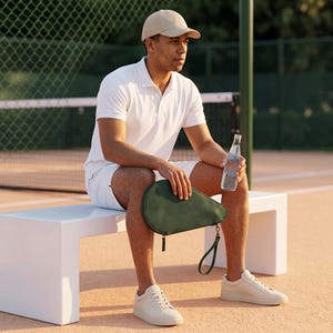 May include: A dark green, teardrop-shaped zippered carrying case with a wrist strap, held by a person wearing a white polo shirt, white shorts, a beige baseball cap, and white sneakers, while holding a clear plastic water bottle.