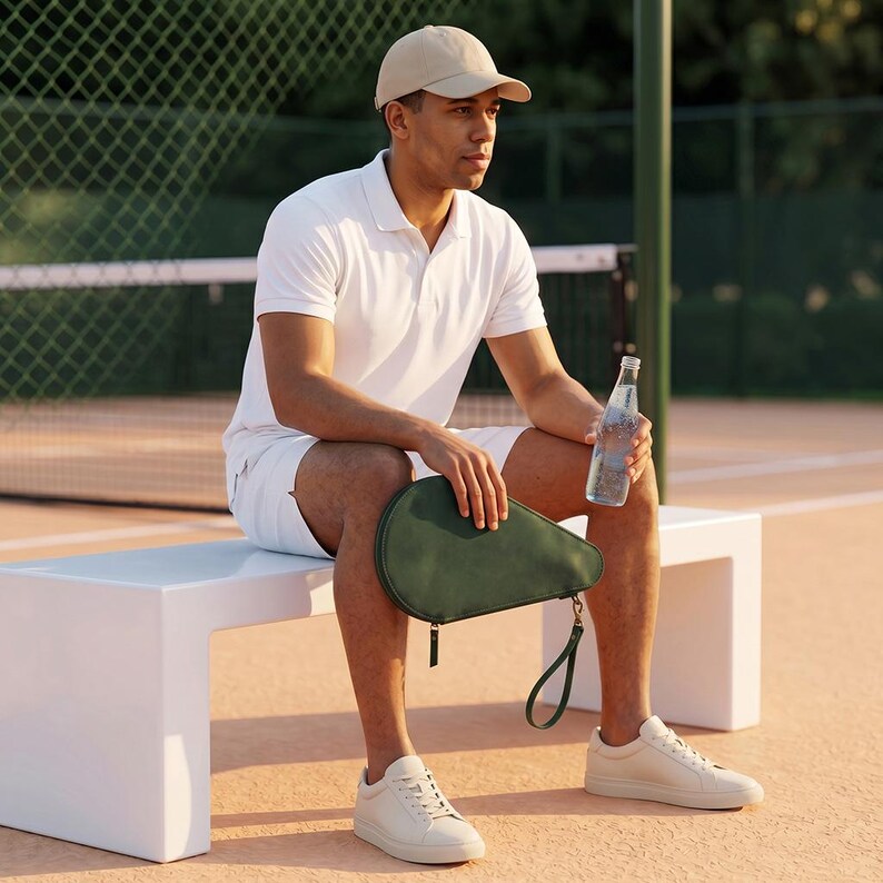 May include: A dark green, teardrop-shaped zippered carrying case with a wrist strap, held by a person wearing a white polo shirt, white shorts, a beige baseball cap, and white sneakers, while holding a clear plastic water bottle.