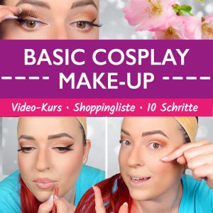 Può includere: Un collage di immagini che dimostrano tecniche di trucco cosplay. La sezione superiore presenta primi piani di occhi con eyeliner e ciglia finte applicate. Lo striscione centrale recita "BASIC COSPLAY MAKE-UP". La parte inferiore mostra due donne che applicano il trucco.