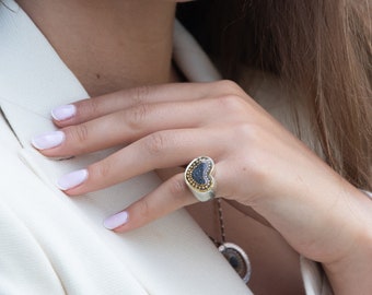 Heart Ring, Boho Ring, Silver Statement Ring, Unique Ring, Silver Heart Ring, Chunky Ring, Sterling Silver Ring, Gray Blue Ring