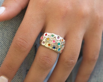 Rainbow Silver Ring, Colorful circles ring, Sterling silver Multicolor Ring, Silver Band Ring, Boho Ring, Silver Colorful Ring
