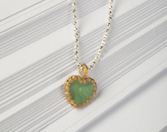 Heart Pendant Necklace, Tiny Pendant Necklace, Heart Necklace, Resin Necklace, Gold Silver Necklace, Heart Charm Necklace, Green Necklace