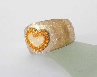 Heart Ring, Chunky Ring, Ring for Women, Boho Ring, Silver Gold Ring, Silver Heart Ring, Hammered Ring, White Heart Ring, Wide Silver Ring