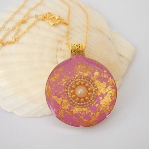 Boho Pendant Necklace, Modern Necklace, Resin Necklace, Pink Necklace, Unique Pearl Necklace, Unique Gold Necklace, Sterling Silver