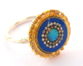 Hippie Ring, Bohemian Ring, Ethnic RIng, Boho Ring, Blue Ring, Gold Silver Ring, Statement Ring, Opal Jewelry, Opal Ring, Sterling Silver