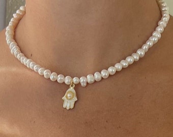 Hamsa pearl necklace, made in Israel,white pearl necklace,white hamsa pearl necklace