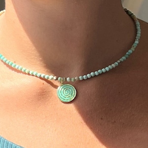 Spiral Turquoise Necklace, Beaded Tourmaline Charm Pendant, Handmade in Israel Jewelry, Spiritual Swirl Symbol, Birthday Gift for Her