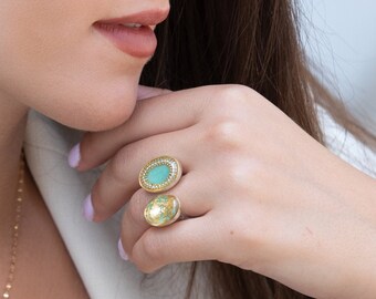 Silver Statement Ring, Boho Ring, Unique Silver Ring, Open Statement Ring, Enamel Jewelry , Dual Ring, Resin Ring, Chunky Ring,  Modern