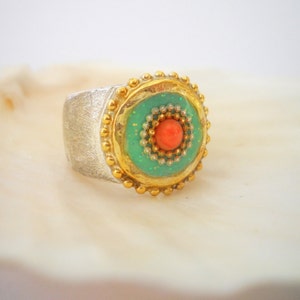 Coral Ring, Bohemian Ring, Boho Ring, Mint Ring, Green Ring, Ethnic Ring, Silver Gold Ring, Statement Ring, Ring for Women, Hippie Ring