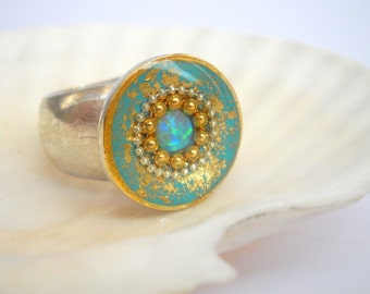 Opal sterling silver ring Green ring Round ring Blue Opal ring mint silver ring sparkly mint ring mint gold ring gold green ring gold flakes