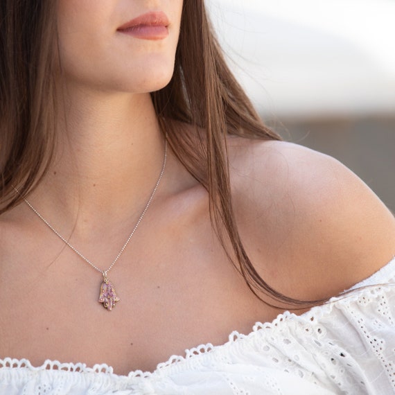 Pink hamsa necklace outlet