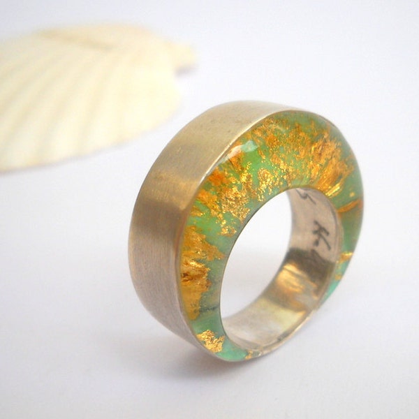 Silver Statement Ring, Boho Ring, Modern Ring, Unique Ring, Resin Ring, Silver Gold Ring, Reversible Ring, Green Ring, Statement Ring