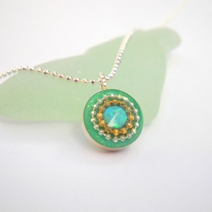 Sterlig silver Opal pendant necklase , tiny opal pendant, Sparkly opal pendant ,Round opal pendant Blue green opal silver pendant  mom gift
