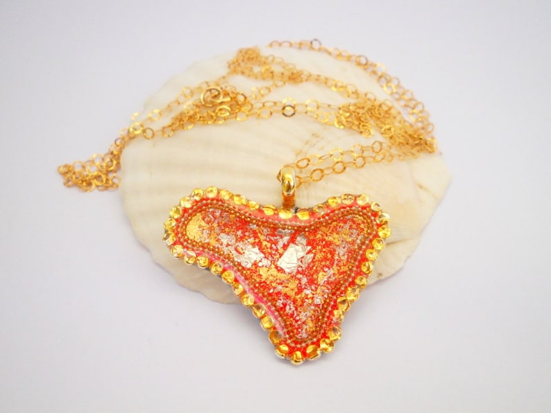 Sterling Silver Resin Necklace Boho Necklace Unique Gold Necklace Red Necklace Heart Necklace Unique Pendant Necklace Women