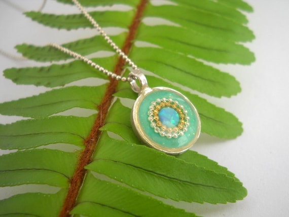 Mint Opal pendant Sterling silver opal pendant, Sparkly Mint opal pendant, Round opal pendant, Blue green opal silver pendant Opal jewelry