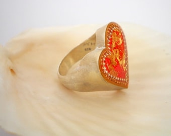 Handmade Jewelry, Silver Ring, Heart Ring, Boho Ring, Statement Ring, Athnic Ring ,Red Heart Ring, Unique Ring, Chunky Ring, Sterling Silver