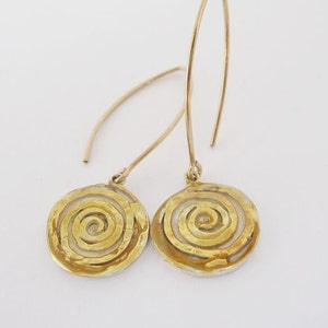 Spiral earrings, Gold filled earrings, Hook earrings, Round earrings, long hooks, Sterling silver and gold earrings