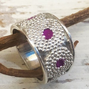 Statement Ring, Large Ring, pink ring, Boho Ring, Chunky Silver Ring, Wide Band Ring, Granulation Ring, Target Ring, Hippie Ring