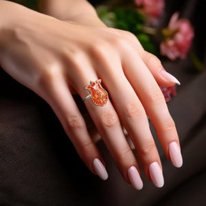 Red & Gold Pomegranate Ring, Unique Silver Boho Jewelry, Bohemian Judaica Ring, Jewish Jewelry Gift for Mom