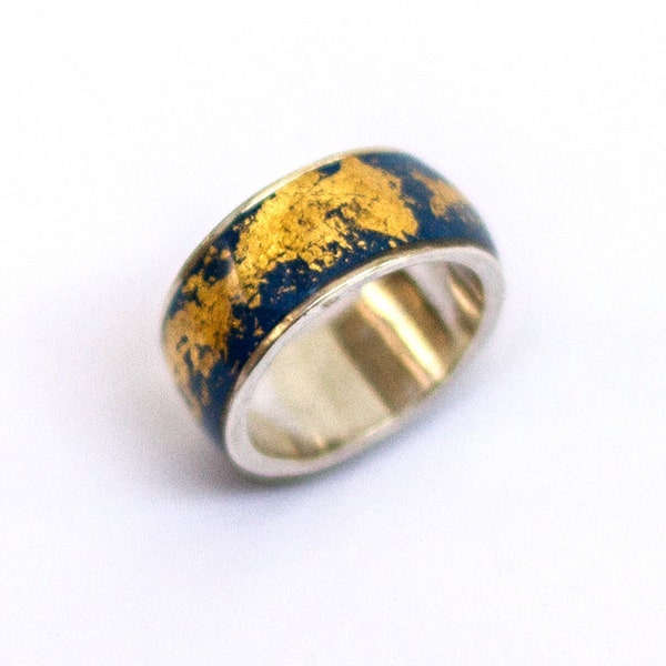 Blue gold ring handmade ring Sterling silver ring inlaid with gold foil finished with resin navy blue ring Fashion ring Mom gift sister gift