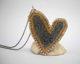 Grau Gold Sterling Silber Herz Anhänger Halskette, Brautschmuck, grau Silber Herz Anhänger, Silber Kette, asymmetrische Herz Anhänger Halskette