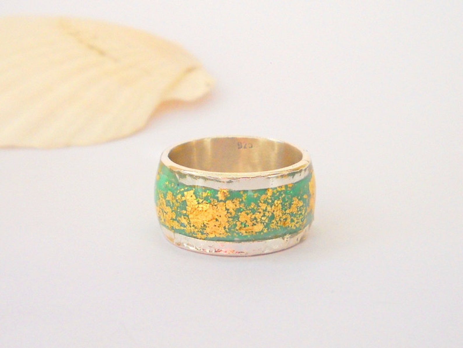 Green Gold Ring Sterling Silver Ring Handmade Mint Ring Inlaid Etsy