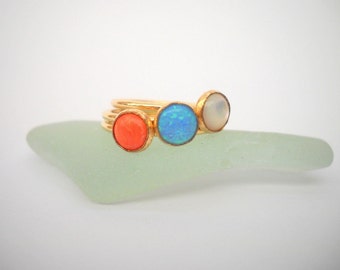 Ring Set, Boho Rings, Dainty rings, Opal Ring, Coral Ring, Set of Gold Rings, Gold Filled Rings, Stacking Rings, White opal , Gemstone Rings