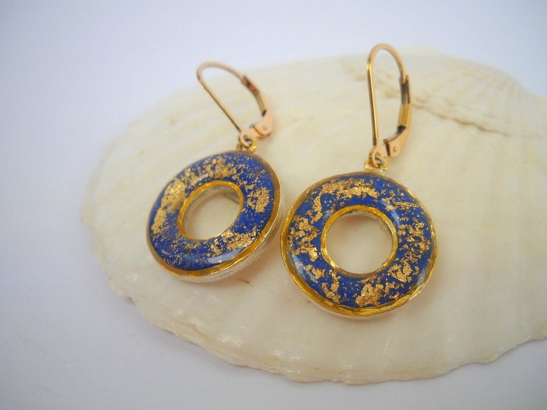 Gold Dangle Earrings, Blue Earrings, Dangle Hoop Earrings, Blue Gold Earrings, Blue Hoop Earrings, Silver Gold Earrings, Boho Earrings image 2