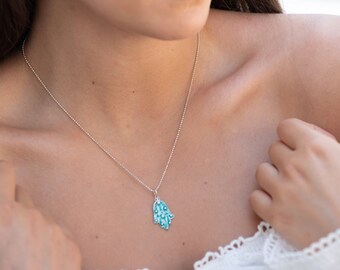 Turquoise Hamsa hand necklace, Sterling silver hamsa pendant ,Turquoise with silver filigree, silver chain, Judaica jewelry, Bat mitzva gift