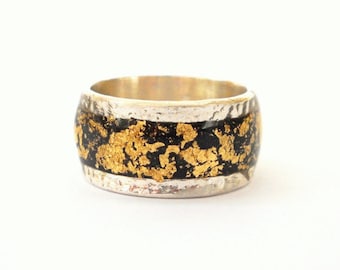 Black gold ring Sterling silver ring inlaid with gold foil finished with resin black silver ring black gold ring, men ring, silver ring men