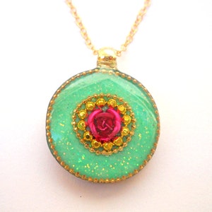 Unique Pendant Necklace, Unique Gold Necklace, Resin Necklace, Boho Necklace, Rose Necklace, Mint Necklace, Flower Necklace, Sterling Silver