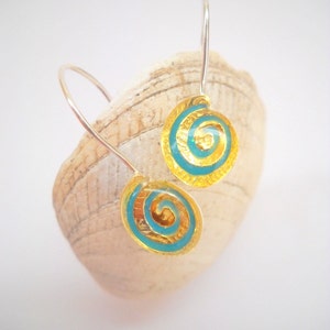 Beach Wedding Earrings, Gold and Turquoise Earrings,  Blue Bridesmaid Earrings, Gold Spiral Earrings Boho