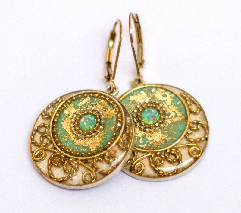 Turquoise Opal earrings Mint green earrings with gold leaves Etsy