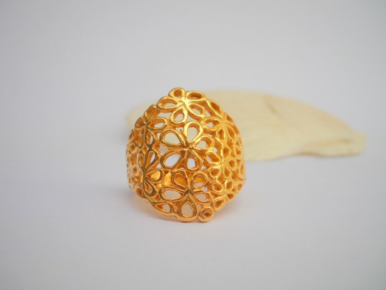Gold filigree flowers ring, Gold plated Sterling Silver ring. Gold flowers ring, Silversmith jewelry, Gold wedding ring, golden lace ring image 2