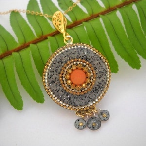 Boho Pendant Necklace, Modern Grey and Coral Resin Necklace, Unique Gold Dangle Charm Design, Bohemian Jewelry for Women, Gift for Her