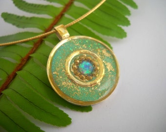 Gold green opal pendant necklace Mom / sister gift, Round Sterling silver pendant necklace, blue opal pendant on thin gold filled chain