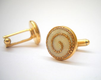 Gold Cufflinks cuff links, gold cufflinks,  Accessories for men,- Golden Cufflinks ,Gold white - dots spiral ,Gift for him