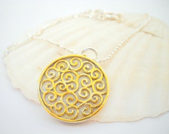 Gold Plated Sterling Silver Spirals Necklace, Bohemian Ethnic Hippie Jewelry, Spiral Pendant Ethnic Jewelry, Gift for Her