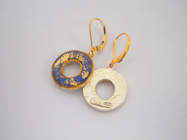 Gold Dangle Earrings, Blue Earrings, Dangle Hoop Earrings, Blue Gold Earrings, Blue Hoop Earrings, Silver Gold Earrings, Boho Earrings image 4